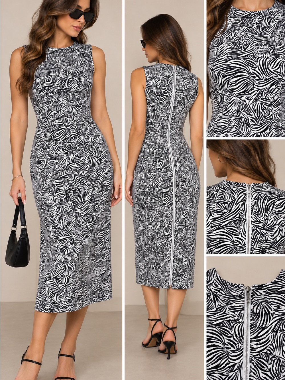 Express Black & White Zebra-Print Sleeveless Midi Dress